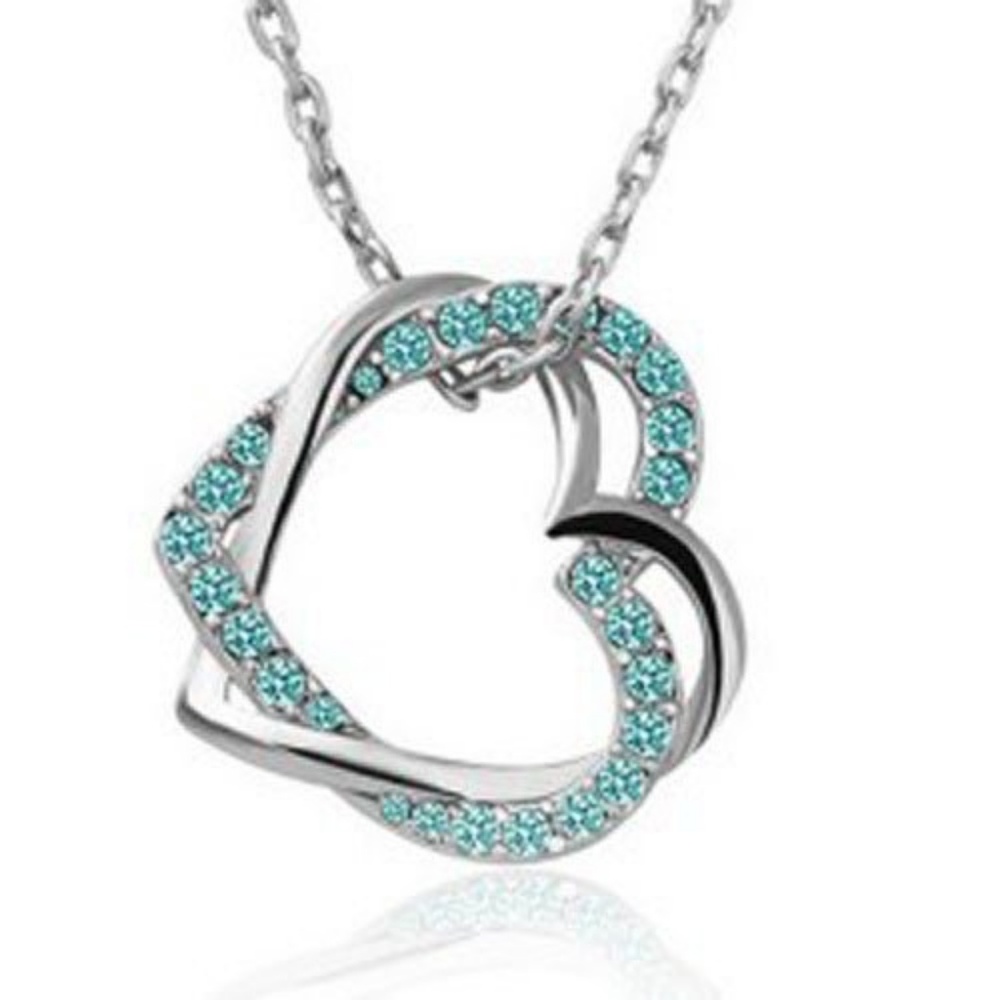 Aqua Crystal CZ Double Heart Pendant Necklace New